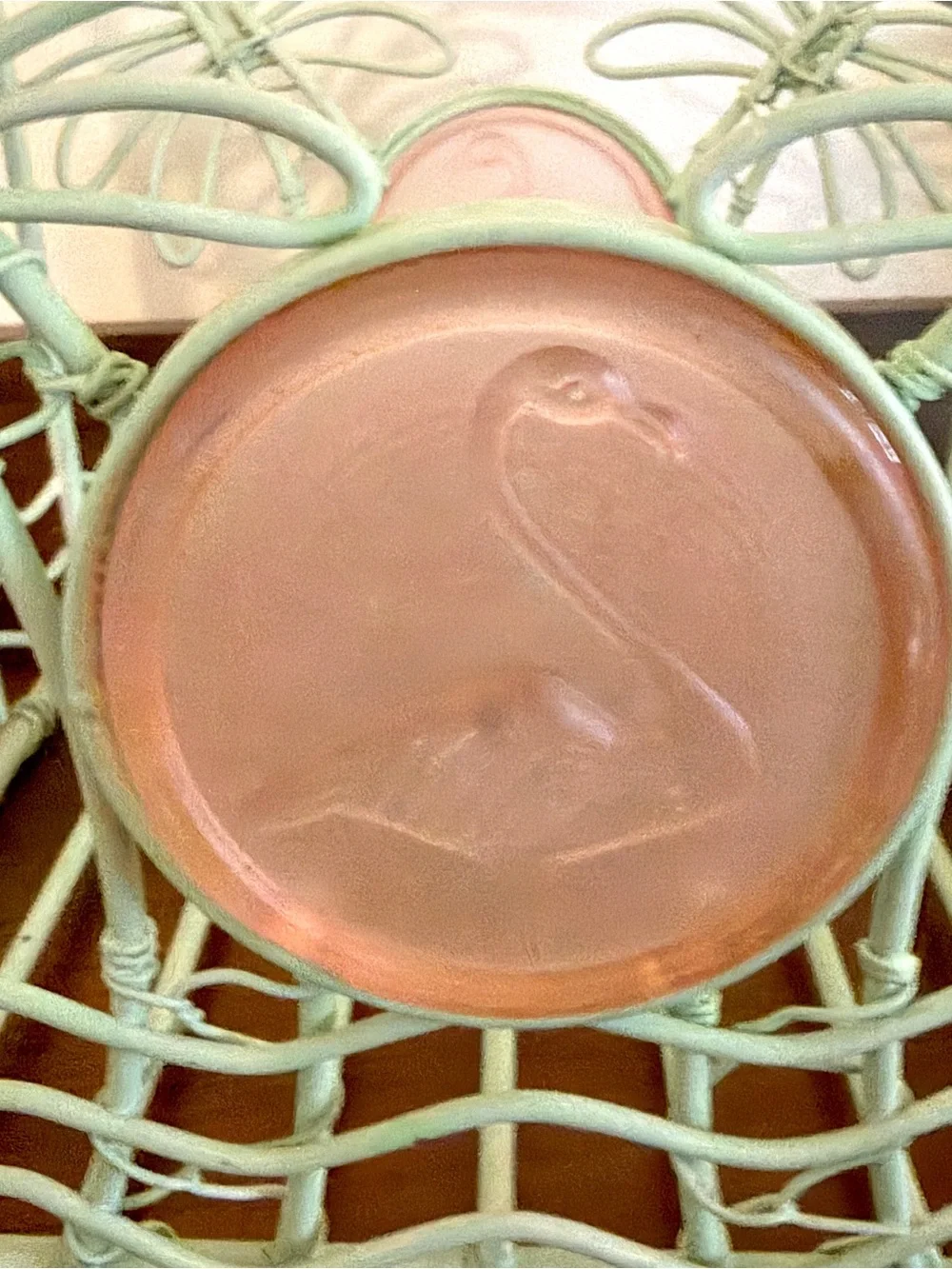 Vintage Mint Green Palm Tree Wire Basket Pink Flamingo Glass Retro Boho Decor